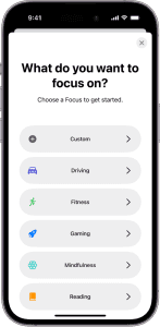 An iPhone with Focus mode options available on-screen.